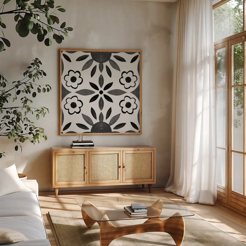 Southwest Tile IV BW by Yvette St. Amant. Shown in a natural wood frame in a cozy modern living room. Available as an archival giclee rolled canvas, fine art paper, or poster print. SKU 95166a.