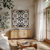 Southwest Tile IV BW by Yvette St. Amant. Shown in a natural wood frame in a cozy modern living room. Available as an archival giclee rolled canvas, fine art paper, or poster print. SKU 95166a.