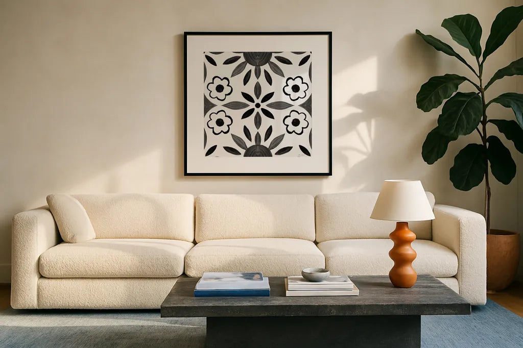 Southwest Tile IV BW by Yvette St. Amant. Displayed in a glass frame with matte in a clean modern living room. Available as an archival giclee rolled canvas, fine art paper, or poster print. SKU 95166a.
