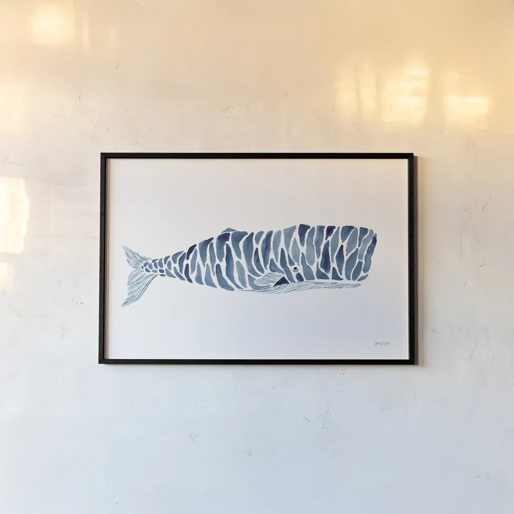 Sperm Whale by Yvette St. Amant. shown as a paper print in a black flame. Available as a archival giclee rolled canvas, fine art paper, or poster print. SKU 90116i.