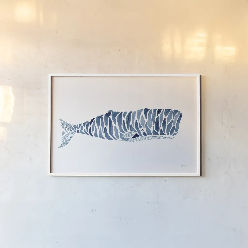 Sperm Whale by Yvette St. Amant. shown as a paper print in a white frame. Available as a archival giclee rolled canvas, fine art paper, or poster print. SKU 90116i.