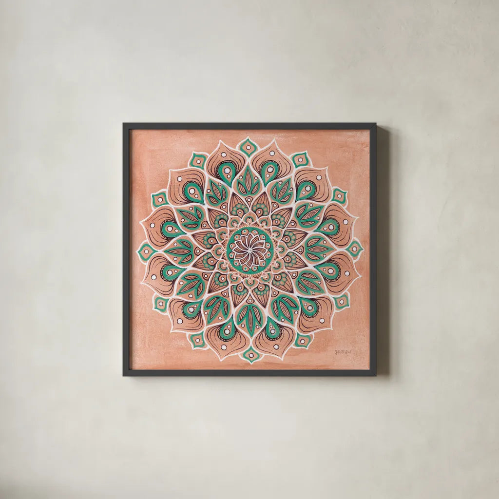 Spiral Mandala by Yvette St. Amant. Shown in a sleek black glass frame for a contemporary gallery look. Available as an archival giclee rolled canvas, fine art paper, or poster print. SKU 90987a.