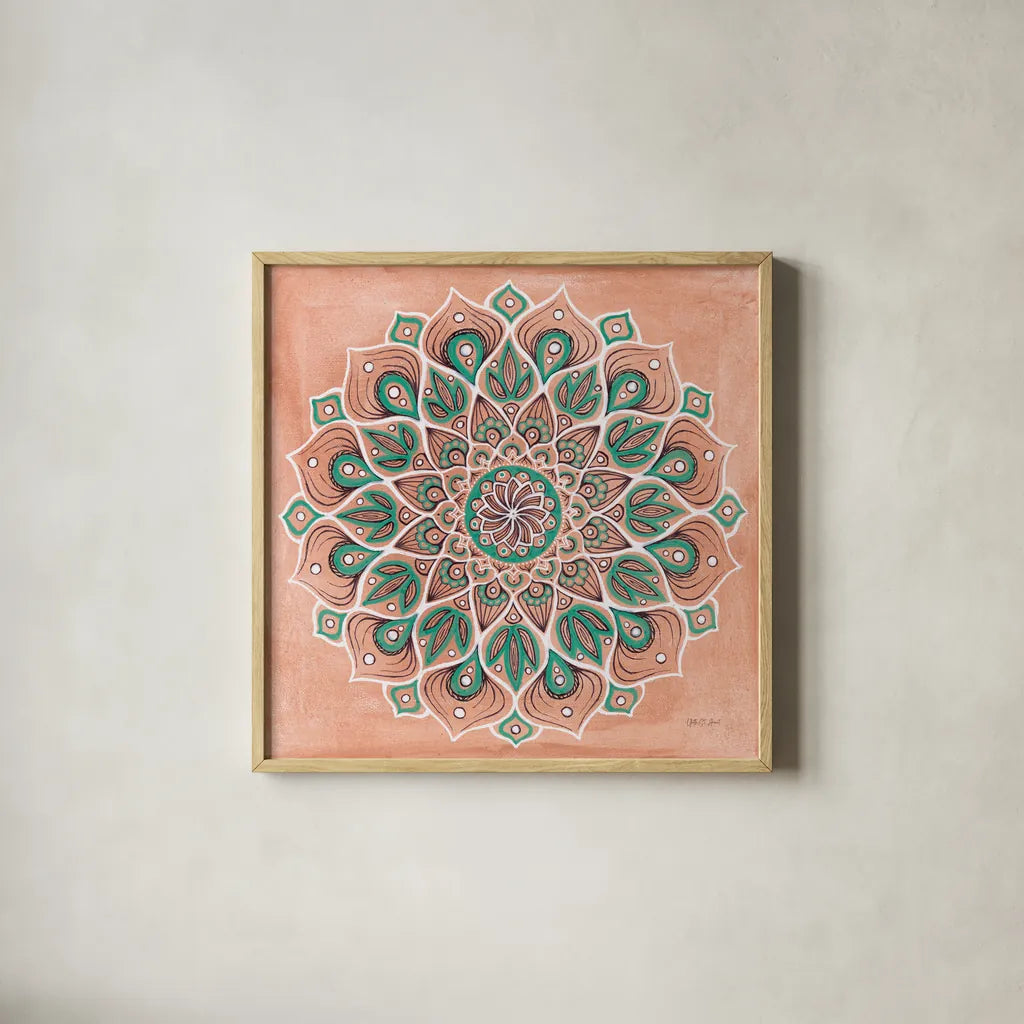 Spiral Mandala by Yvette St. Amant. Shown in a natural wood glass frame for a timeless modern aesthetic. Available as an archival giclee rolled canvas, fine art paper, or poster print. SKU 90987a.