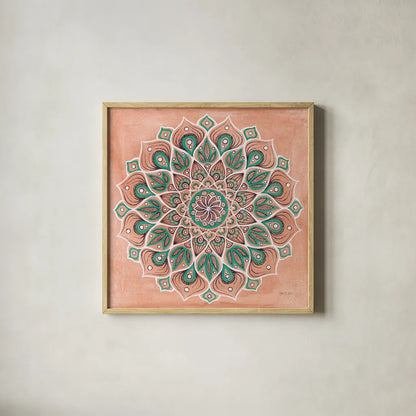 Spiral Mandala by Yvette St. Amant. Shown in a natural wood glass frame for a timeless modern aesthetic. Available as an archival giclee rolled canvas, fine art paper, or poster print. SKU 90987a.
