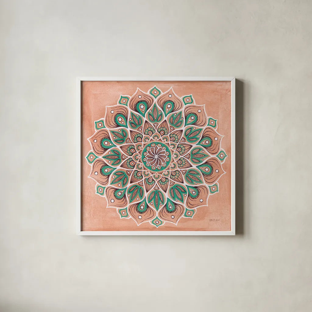 Spiral Mandala by Yvette St. Amant. Shown in a crisp white glass frame for a clean and minimalist style. Available as an archival giclee rolled canvas, fine art paper, or poster print. SKU 90987a.