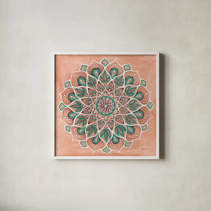 Spiral Mandala by Yvette St. Amant. Shown in a crisp white glass frame for a clean and minimalist style. Available as an archival giclee rolled canvas, fine art paper, or poster print. SKU 90987a.