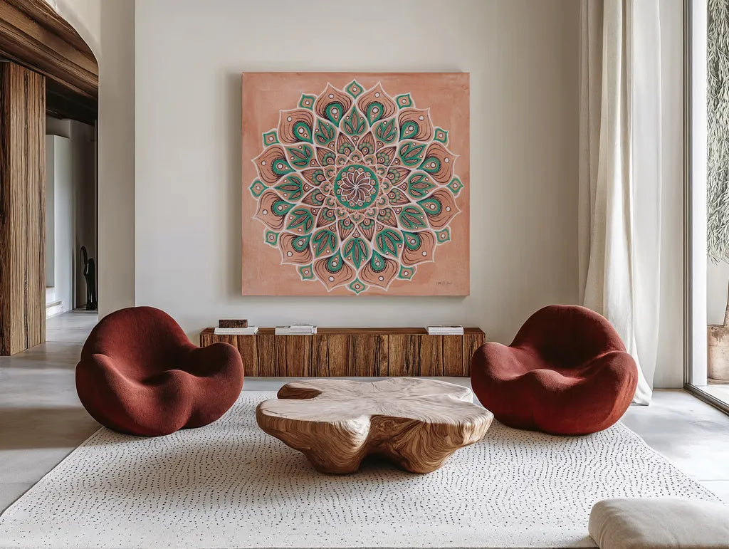 Spiral Mandala by Yvette St. Amant. Shown as extra-large giant wall art in a modern living room. Available as an archival giclee rolled canvas, fine art paper, or poster print. SKU 90987a.