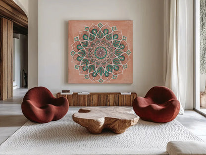 Spiral Mandala by Yvette St. Amant. Shown as extra-large giant wall art in a modern living room. Available as an archival giclee rolled canvas, fine art paper, or poster print. SKU 90987a.