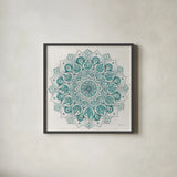 Spiral Mandala Green by Yvette St. Amant. Shown in a sleek black glass frame for a contemporary gallery look. Available as an archival giclee rolled canvas, fine art paper, or poster print. SKU 91002a.