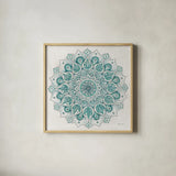 Spiral Mandala Green by Yvette St. Amant. Shown in a natural wood glass frame for a timeless modern aesthetic. Available as an archival giclee rolled canvas, fine art paper, or poster print. SKU 91002a.