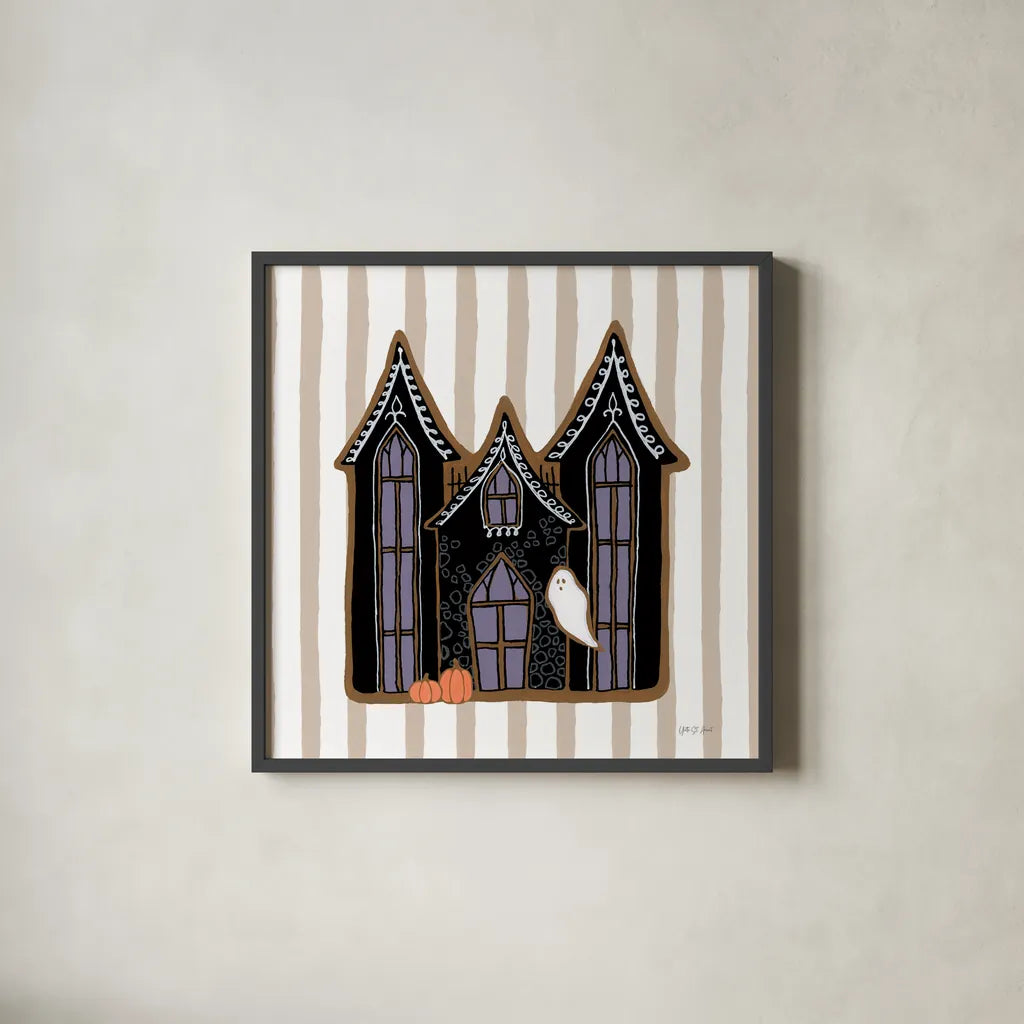 Spooky Gingerbread Manor I by Yvette St. Amant. Shown in a sleek black glass frame for a contemporary gallery look. Available as an archival giclee rolled canvas, fine art paper, or poster print. SKU 101109a.