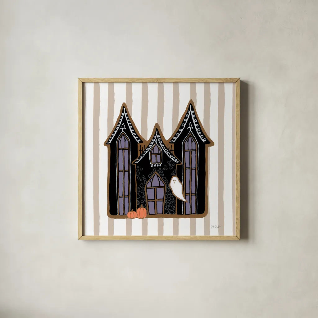 Spooky Gingerbread Manor I by Yvette St. Amant. Shown in a natural wood glass frame for a timeless modern aesthetic. Available as an archival giclee rolled canvas, fine art paper, or poster print. SKU 101109a.