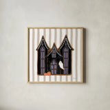 Spooky Gingerbread Manor I by Yvette St. Amant. Shown in a natural wood glass frame for a timeless modern aesthetic. Available as an archival giclee rolled canvas, fine art paper, or poster print. SKU 101109a.