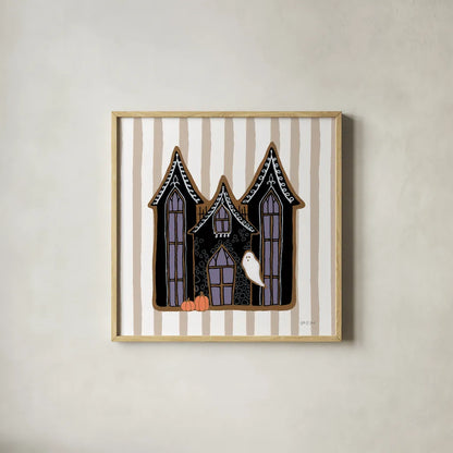 Spooky Gingerbread Manor I by Yvette St. Amant. Shown in a natural wood glass frame for a timeless modern aesthetic. Available as an archival giclee rolled canvas, fine art paper, or poster print. SKU 101109a.