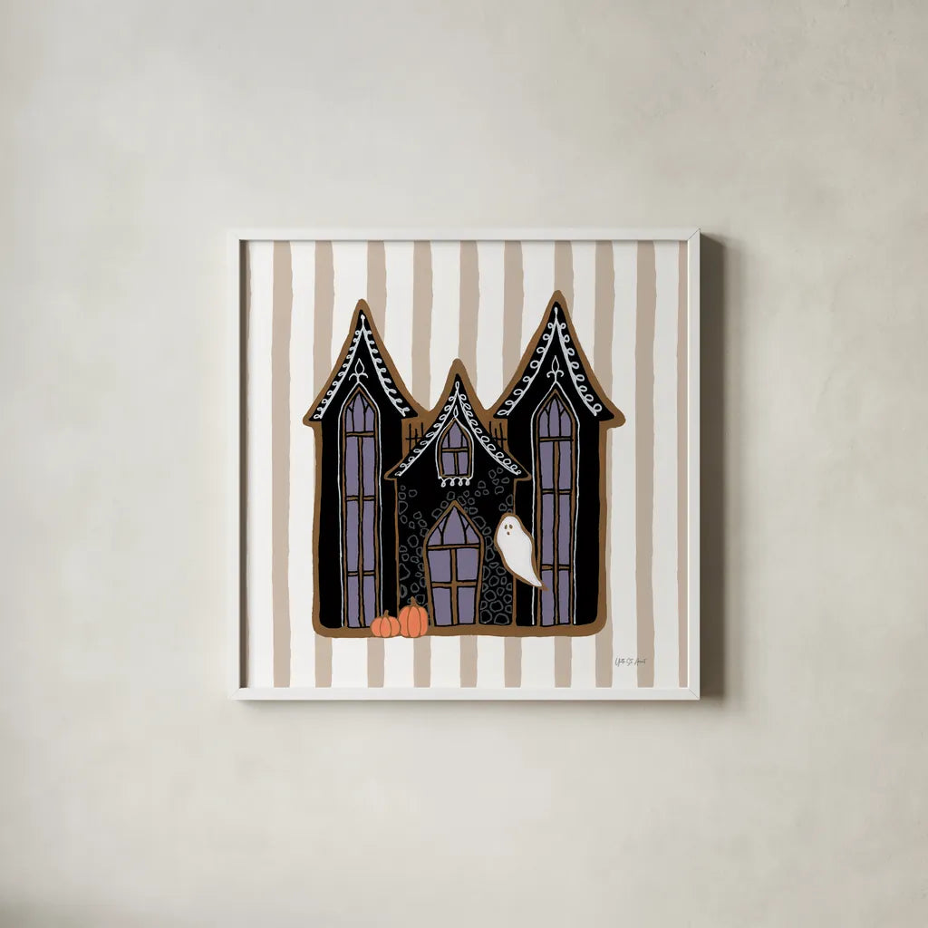 Spooky Gingerbread Manor I by Yvette St. Amant. Shown in a crisp white glass frame for a clean and minimalist style. Available as an archival giclee rolled canvas, fine art paper, or poster print. SKU 101109a.