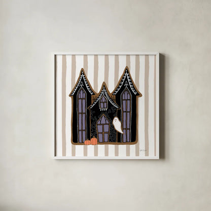 Spooky Gingerbread Manor I by Yvette St. Amant. Shown in a crisp white glass frame for a clean and minimalist style. Available as an archival giclee rolled canvas, fine art paper, or poster print. SKU 101109a.