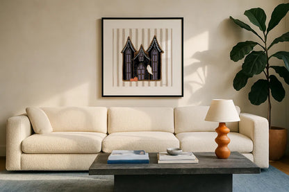 Spooky Gingerbread Manor I by Yvette St. Amant. Displayed in a glass frame with matte in a clean modern living room. Available as an archival giclee rolled canvas, fine art paper, or poster print. SKU 101109a.