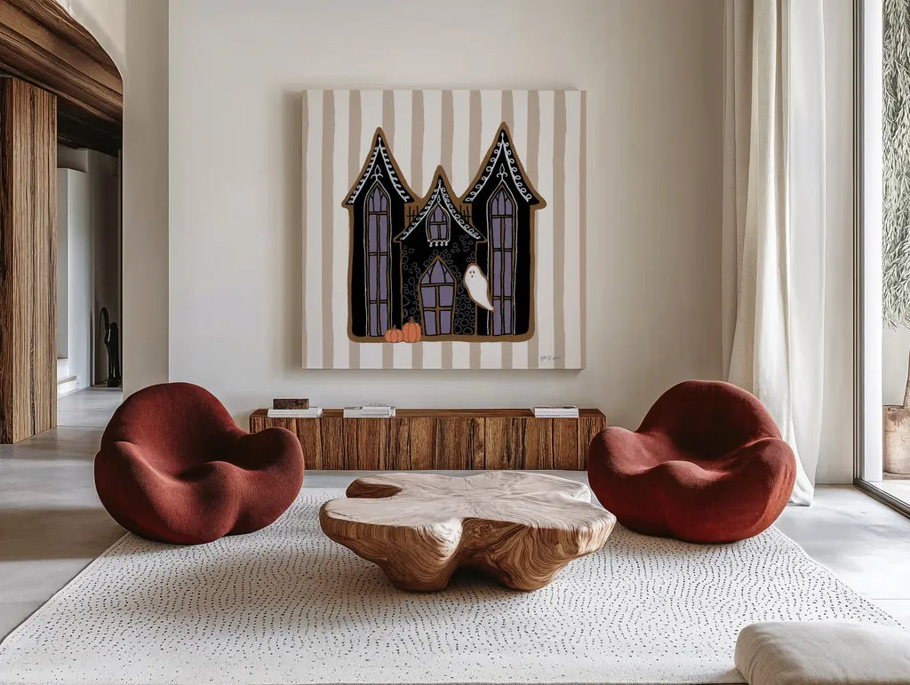 Spooky Gingerbread Manor I by Yvette St. Amant. Shown as extra-large giant wall art in a modern living room. Available as an archival giclee rolled canvas, fine art paper, or poster print. SKU 101109a.