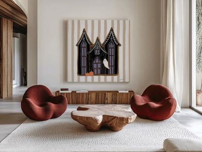 Spooky Gingerbread Manor I by Yvette St. Amant. Shown as extra-large giant wall art in a modern living room. Available as an archival giclee rolled canvas, fine art paper, or poster print. SKU 101109a.