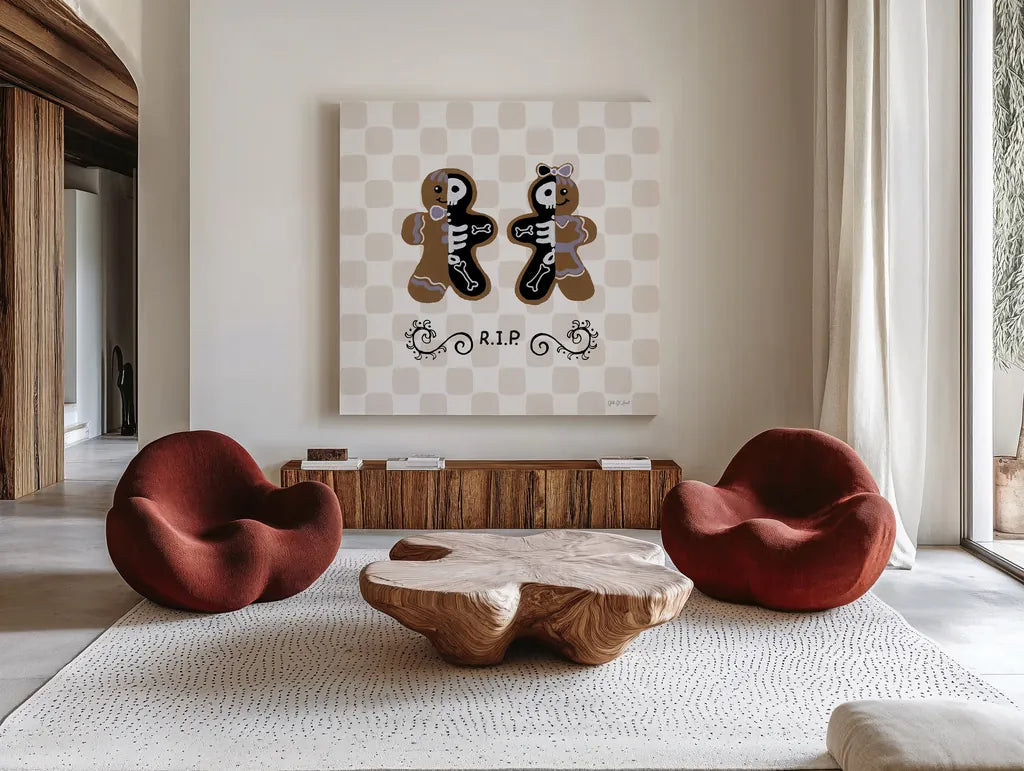 Spooky Gingerbread Manor III by Yvette St. Amant. Shown as extra-large giant wall art in a modern living room. Available as an archival giclee rolled canvas, fine art paper, or poster print. SKU 101111a.