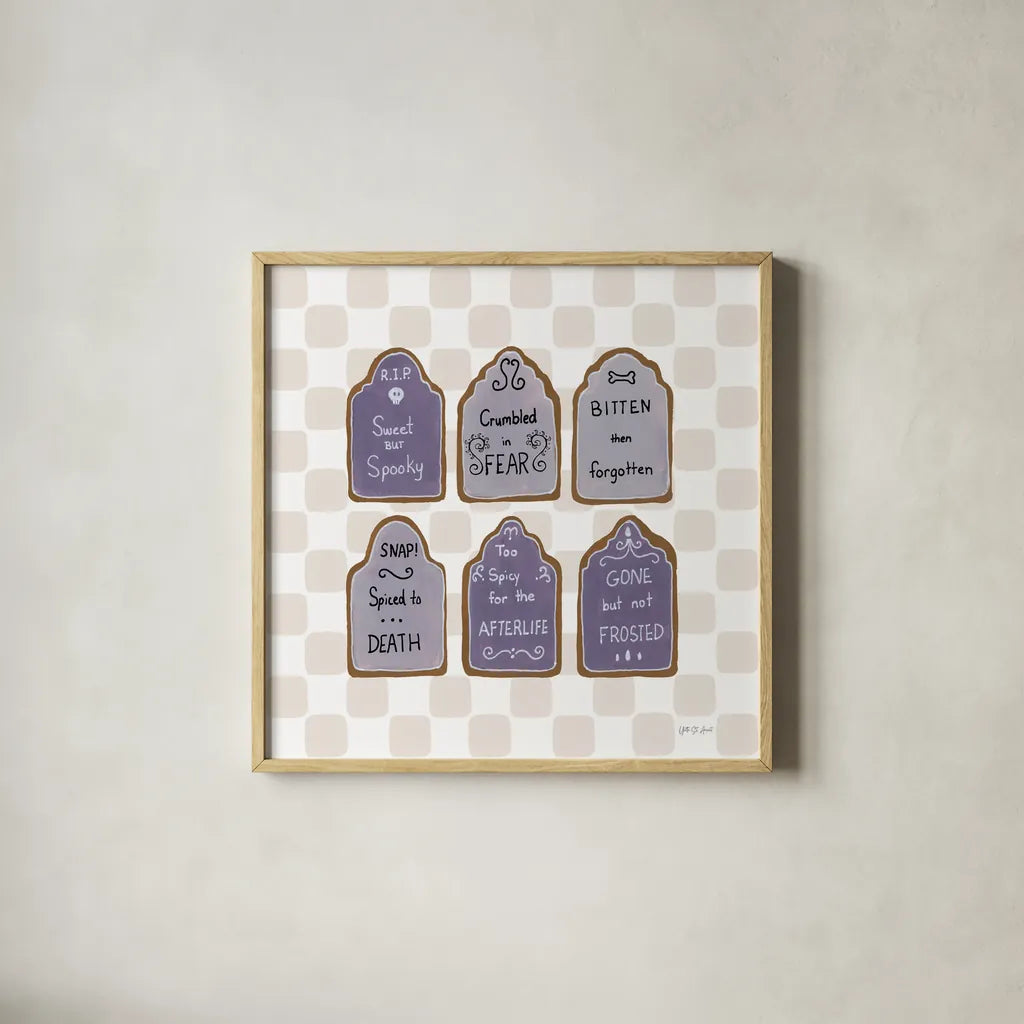 Spooky Gingerbread Manor IV by Yvette St. Amant. Shown in a natural wood glass frame for a timeless modern aesthetic. Available as an archival giclee rolled canvas, fine art paper, or poster print. SKU 101112a.