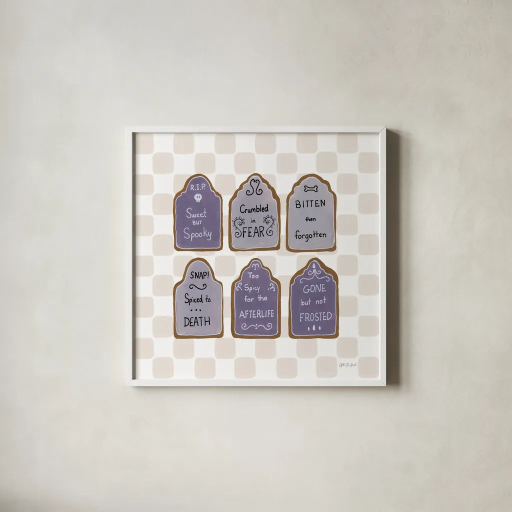 Spooky Gingerbread Manor IV by Yvette St. Amant. Shown in a crisp white glass frame for a clean and minimalist style. Available as an archival giclee rolled canvas, fine art paper, or poster print. SKU 101112a.