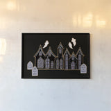 Spooky Gingerbread Manor V by Yvette St. Amant. shown as a paper print in a black flame. Available as a archival giclee rolled canvas, fine art paper, or poster print. SKU 101113i.