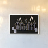 Spooky Gingerbread Manor V by Yvette St. Amant. shown as a paper print in a white frame. Available as a archival giclee rolled canvas, fine art paper, or poster print. SKU 101113i.