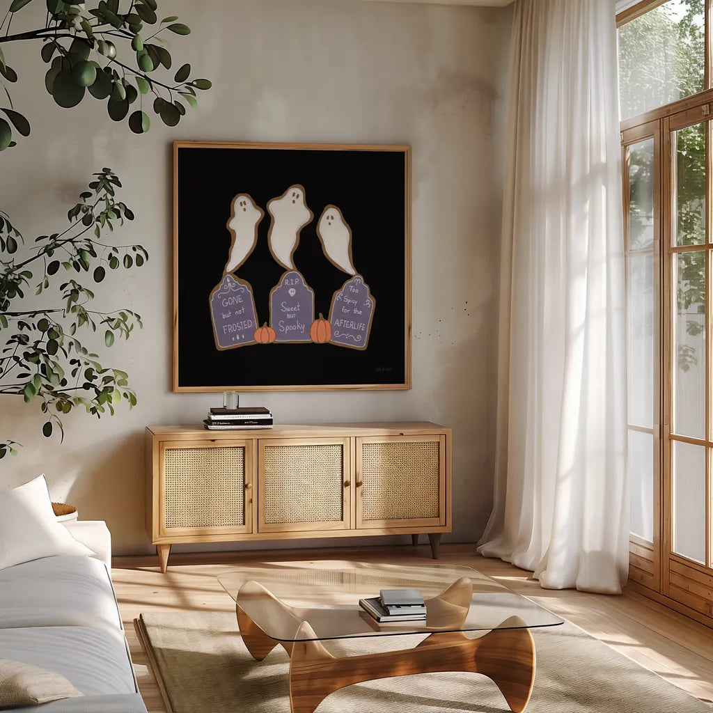 Spooky Gingerbread Manor VI by Yvette St. Amant. Shown in a natural wood frame in a cozy modern living room. Available as an archival giclee rolled canvas, fine art paper, or poster print. SKU 101114a.