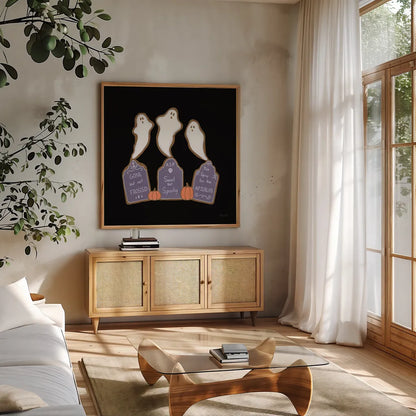 Spooky Gingerbread Manor VI by Yvette St. Amant. Shown in a natural wood frame in a cozy modern living room. Available as an archival giclee rolled canvas, fine art paper, or poster print. SKU 101114a.