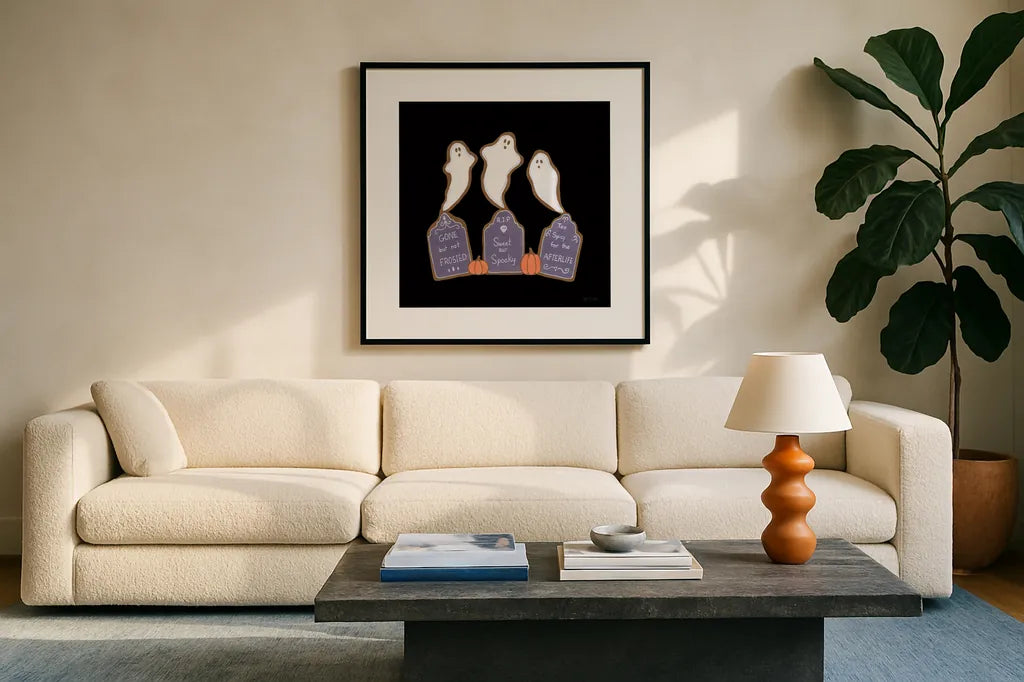Spooky Gingerbread Manor VI by Yvette St. Amant. Displayed in a glass frame with matte in a clean modern living room. Available as an archival giclee rolled canvas, fine art paper, or poster print. SKU 101114a.