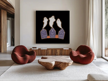 Spooky Gingerbread Manor VI by Yvette St. Amant. Shown as extra-large giant wall art in a modern living room. Available as an archival giclee rolled canvas, fine art paper, or poster print. SKU 101114a.