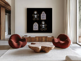 Spooky Gingerbread Manor VII by Yvette St. Amant. Shown as extra-large giant wall art in a modern living room. Available as an archival giclee rolled canvas, fine art paper, or poster print. SKU 101115a.