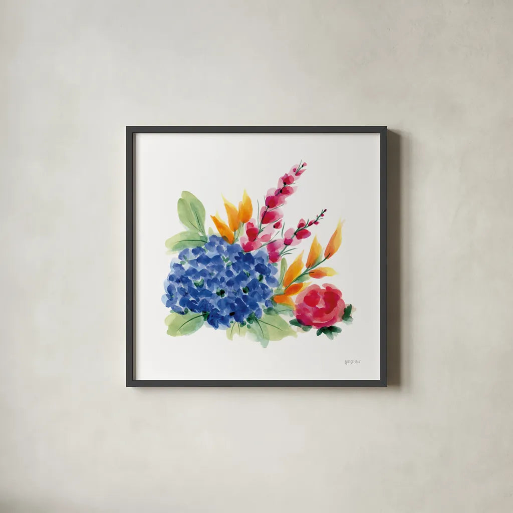 Spring is Blooming I by Yvette St. Amant. Shown in a sleek black glass frame for a contemporary gallery look. Available as an archival giclee rolled canvas, fine art paper, or poster print. SKU 99126a.