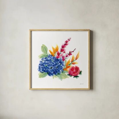 Spring is Blooming I by Yvette St. Amant. Shown in a natural wood glass frame for a timeless modern aesthetic. Available as an archival giclee rolled canvas, fine art paper, or poster print. SKU 99126a.