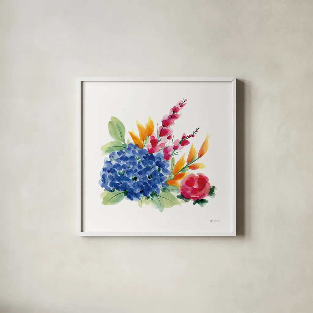 Spring is Blooming I by Yvette St. Amant. Shown in a crisp white glass frame for a clean and minimalist style. Available as an archival giclee rolled canvas, fine art paper, or poster print. SKU 99126a.