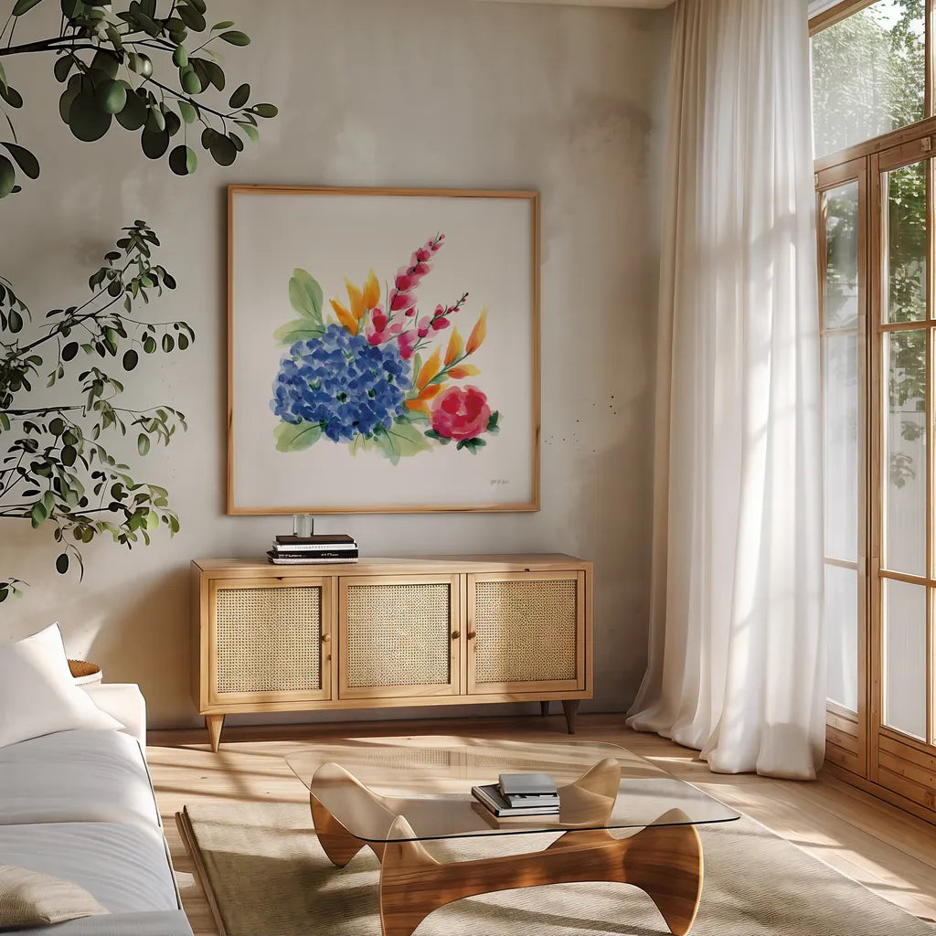 Spring is Blooming I by Yvette St. Amant. Shown in a natural wood frame in a cozy modern living room. Available as an archival giclee rolled canvas, fine art paper, or poster print. SKU 99126a.