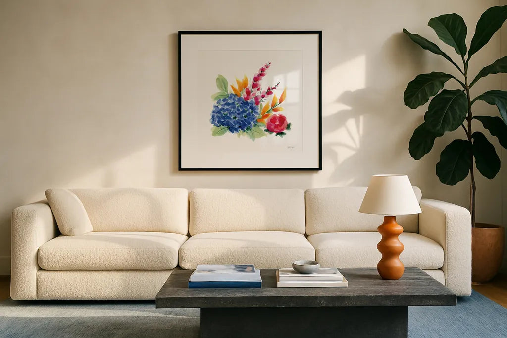 Spring is Blooming I by Yvette St. Amant. Displayed in a glass frame with matte in a clean modern living room. Available as an archival giclee rolled canvas, fine art paper, or poster print. SKU 99126a.