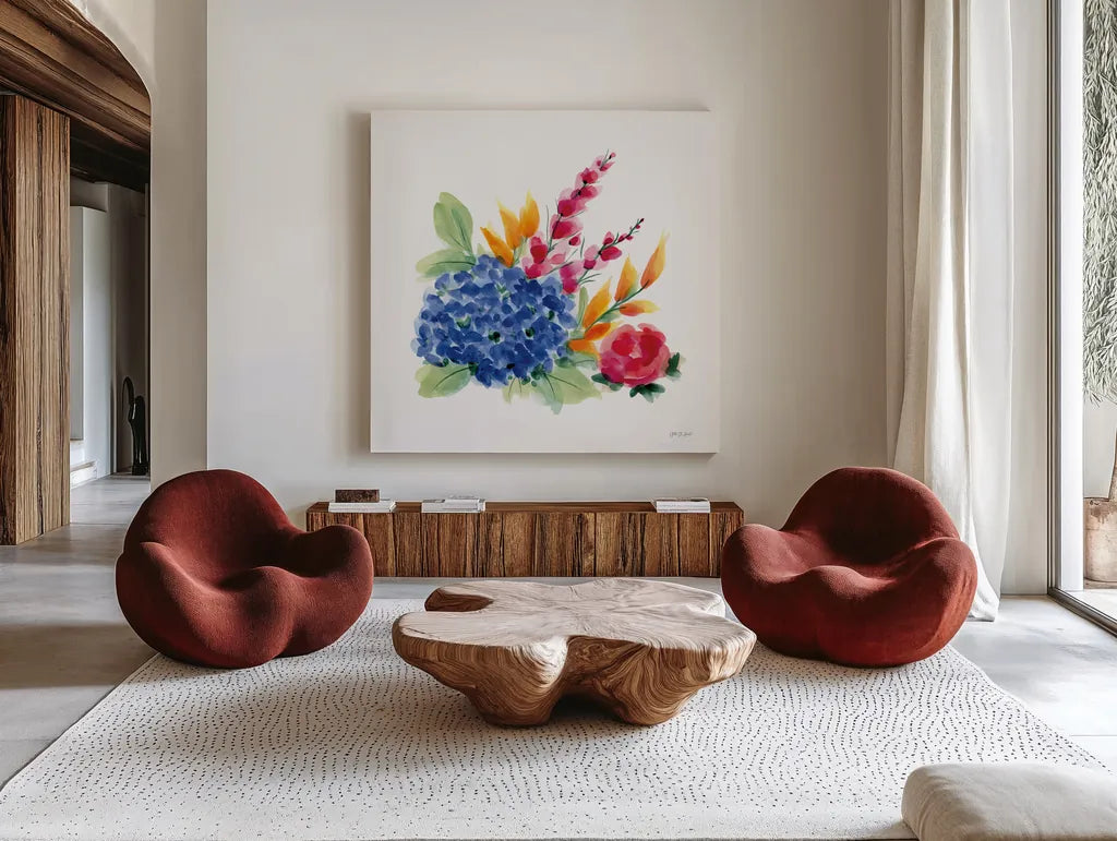 Spring is Blooming I by Yvette St. Amant. Shown as extra-large giant wall art in a modern living room. Available as an archival giclee rolled canvas, fine art paper, or poster print. SKU 99126a.