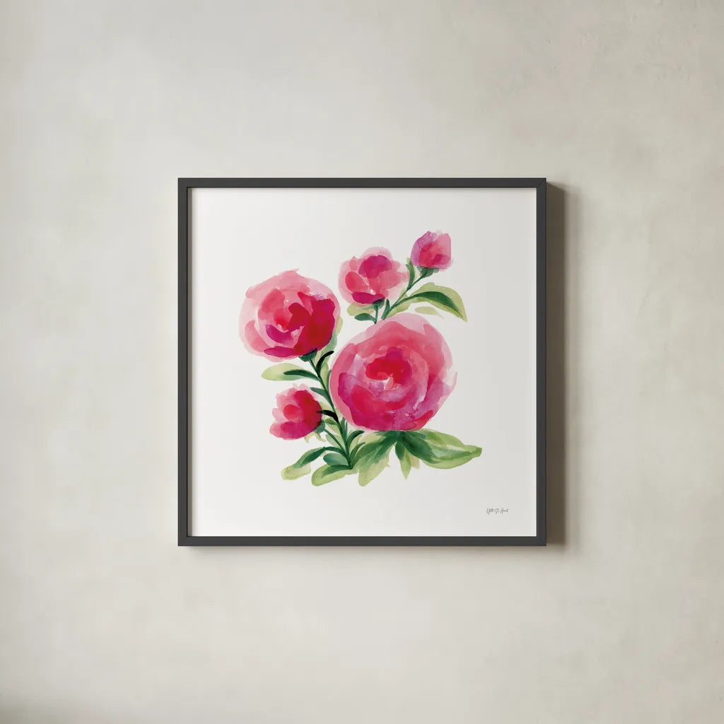 Spring is Blooming II by Yvette St. Amant. Shown in a sleek black glass frame for a contemporary gallery look. Available as an archival giclee rolled canvas, fine art paper, or poster print. SKU 99127a.