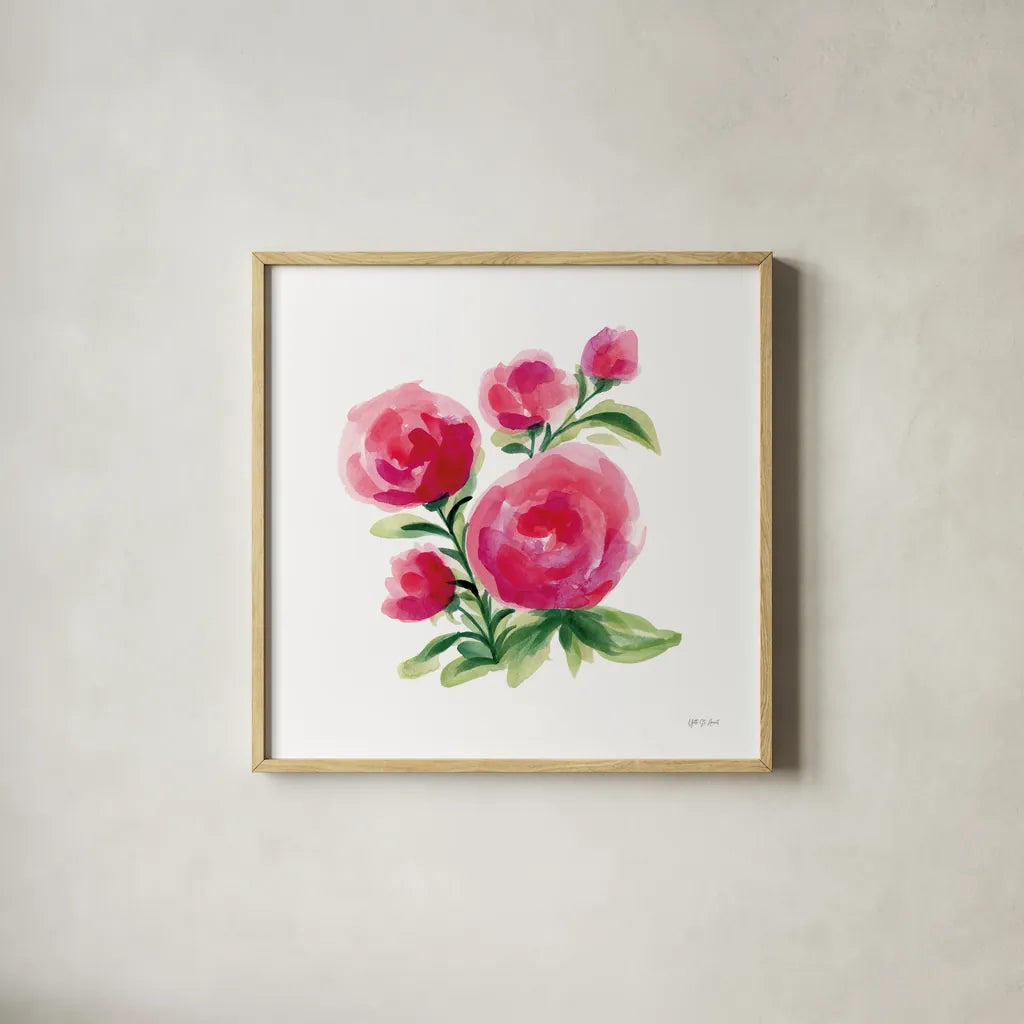 Spring is Blooming II by Yvette St. Amant. Shown in a natural wood glass frame for a timeless modern aesthetic. Available as an archival giclee rolled canvas, fine art paper, or poster print. SKU 99127a.