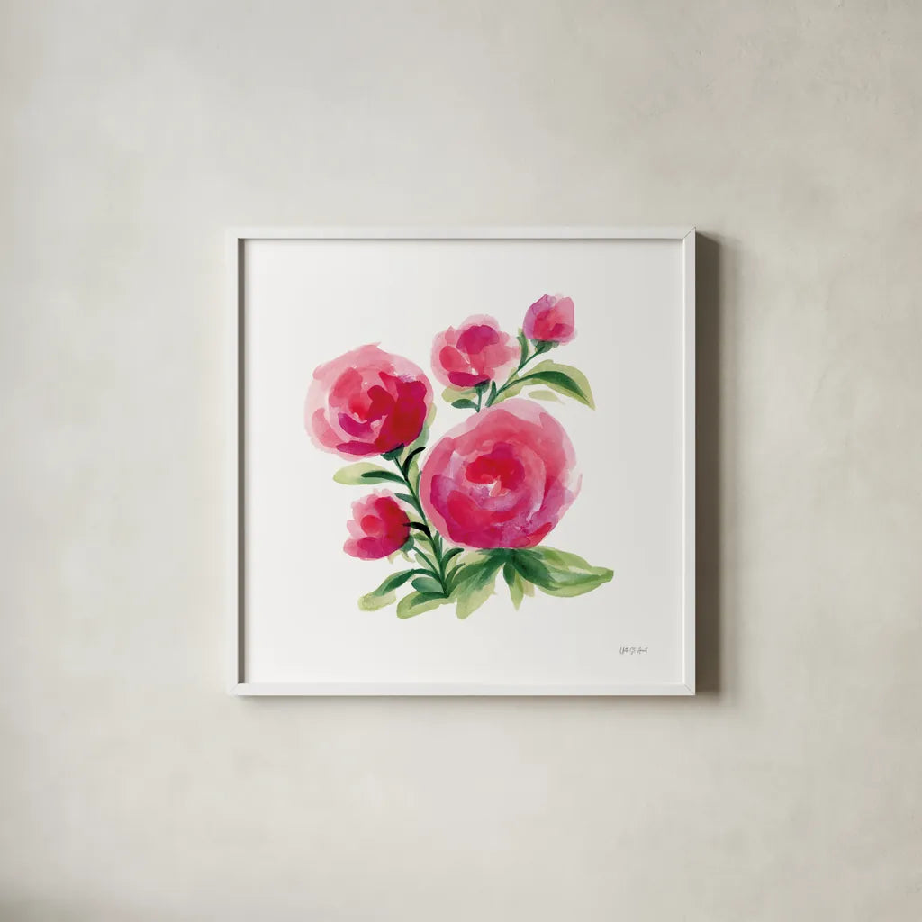 Spring is Blooming II by Yvette St. Amant. Shown in a crisp white glass frame for a clean and minimalist style. Available as an archival giclee rolled canvas, fine art paper, or poster print. SKU 99127a.