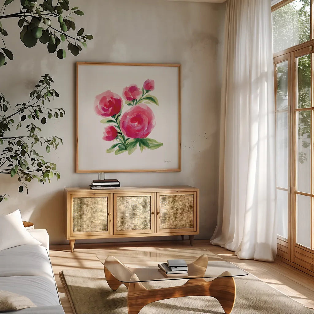 Spring is Blooming II by Yvette St. Amant. Shown in a natural wood frame in a cozy modern living room. Available as an archival giclee rolled canvas, fine art paper, or poster print. SKU 99127a.