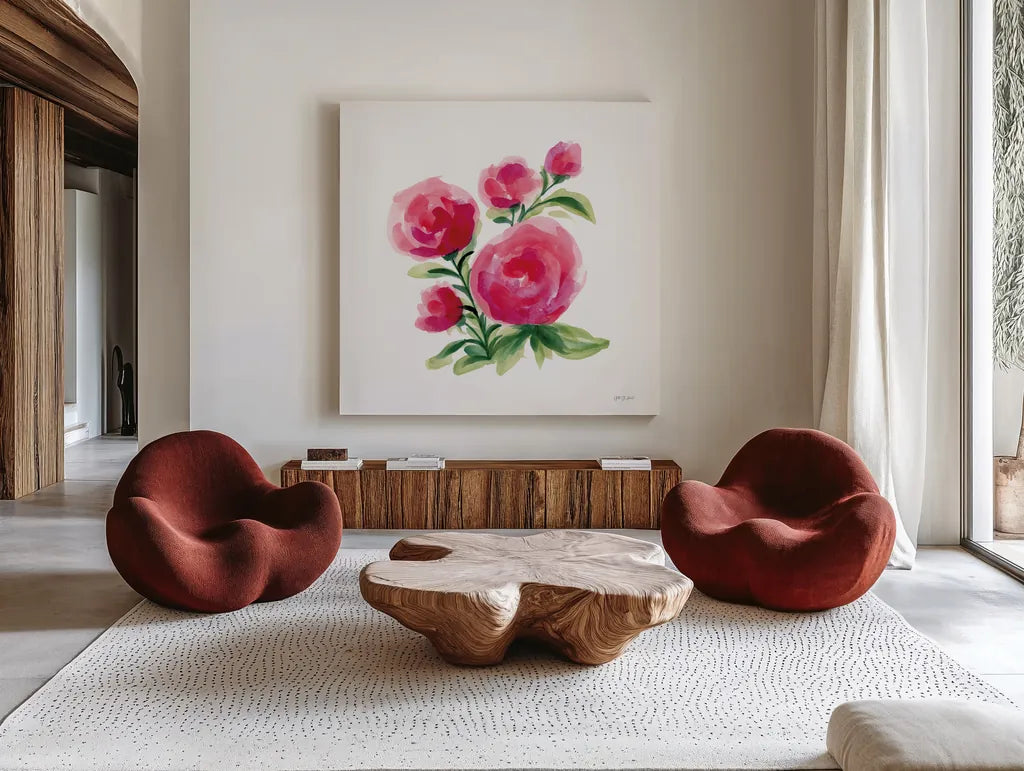 Spring is Blooming II by Yvette St. Amant. Shown as extra-large giant wall art in a modern living room. Available as an archival giclee rolled canvas, fine art paper, or poster print. SKU 99127a.
