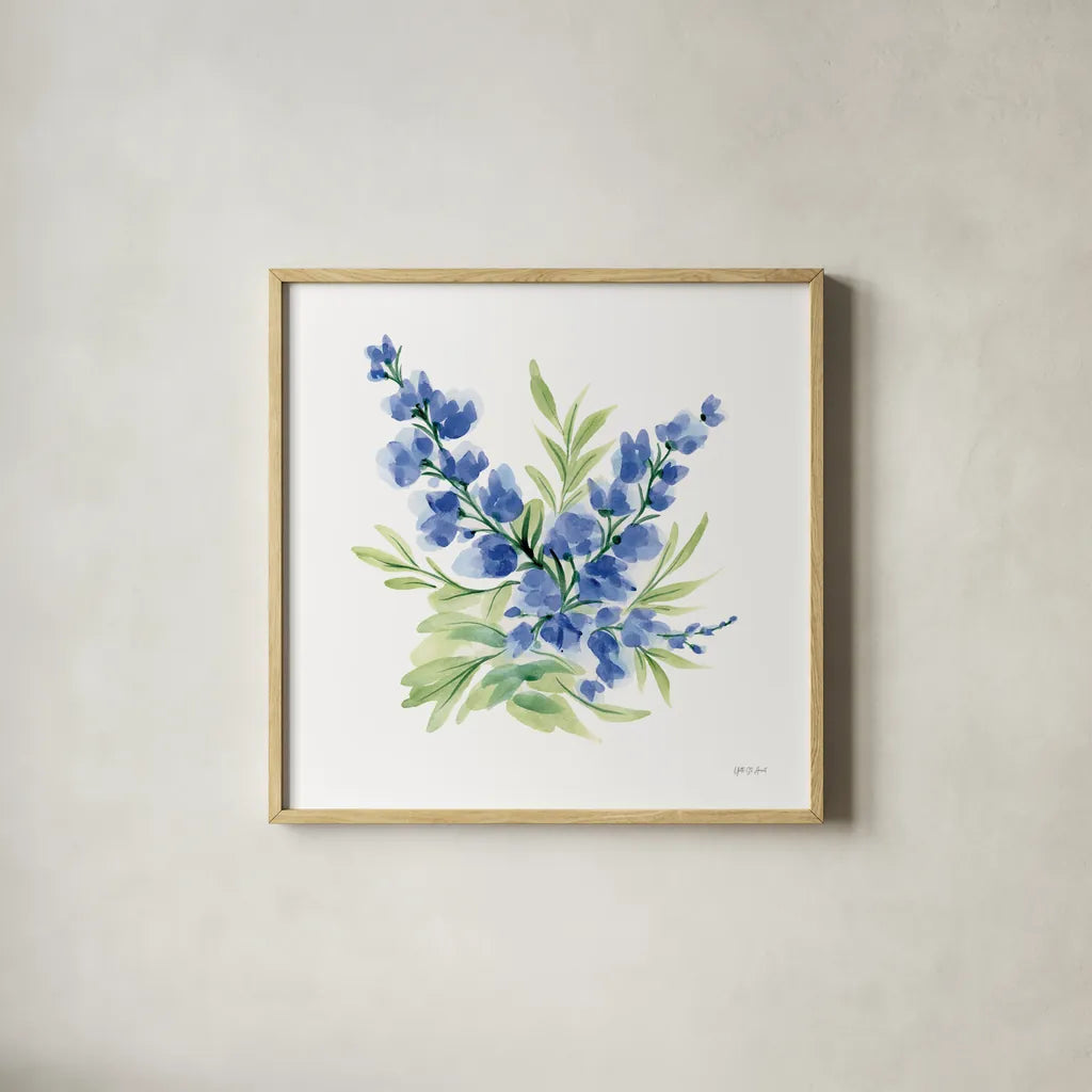 Spring is Blooming III by Yvette St. Amant. Shown in a natural wood glass frame for a timeless modern aesthetic. Available as an archival giclee rolled canvas, fine art paper, or poster print. SKU 99128a.