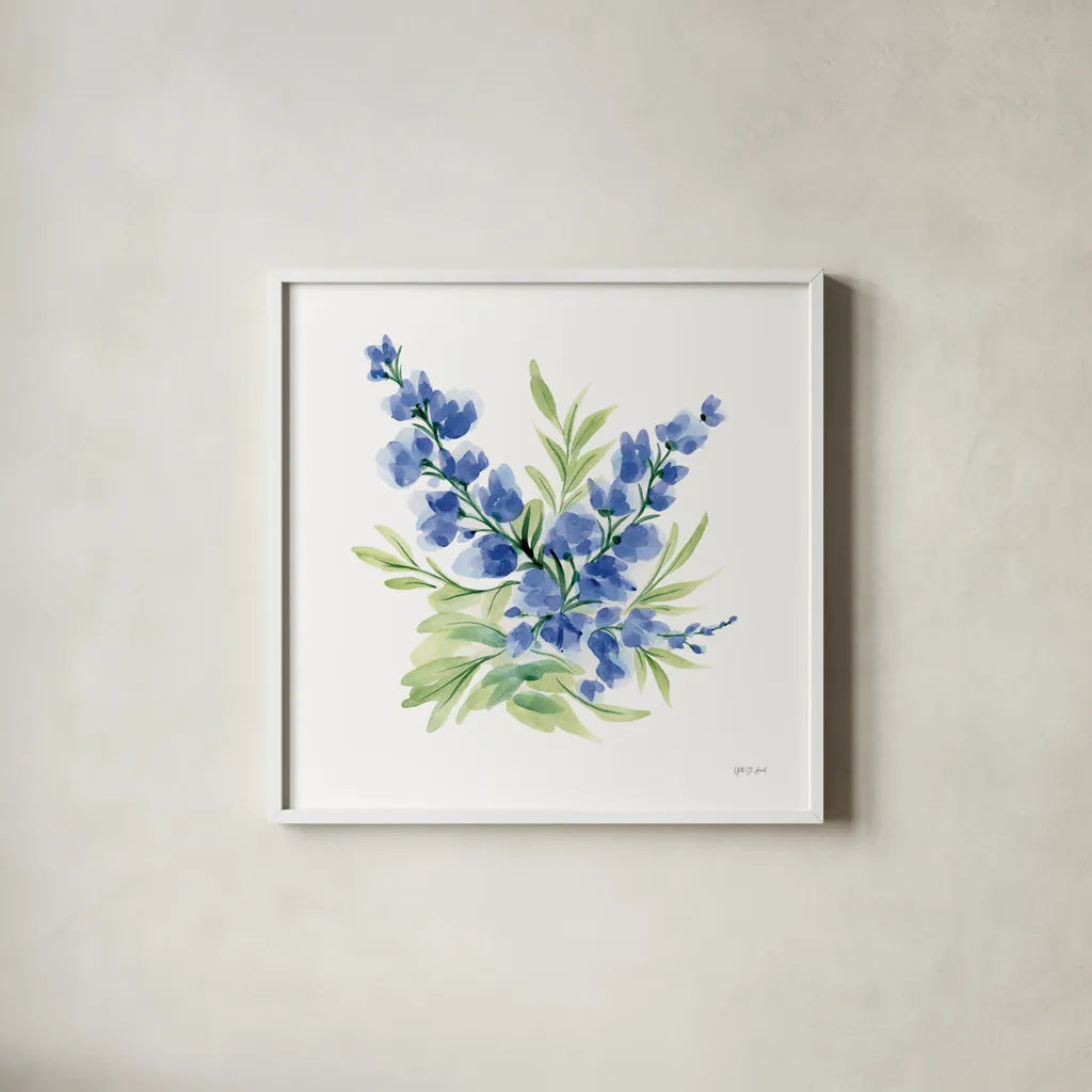 Spring is Blooming III by Yvette St. Amant. Shown in a crisp white glass frame for a clean and minimalist style. Available as an archival giclee rolled canvas, fine art paper, or poster print. SKU 99128a.