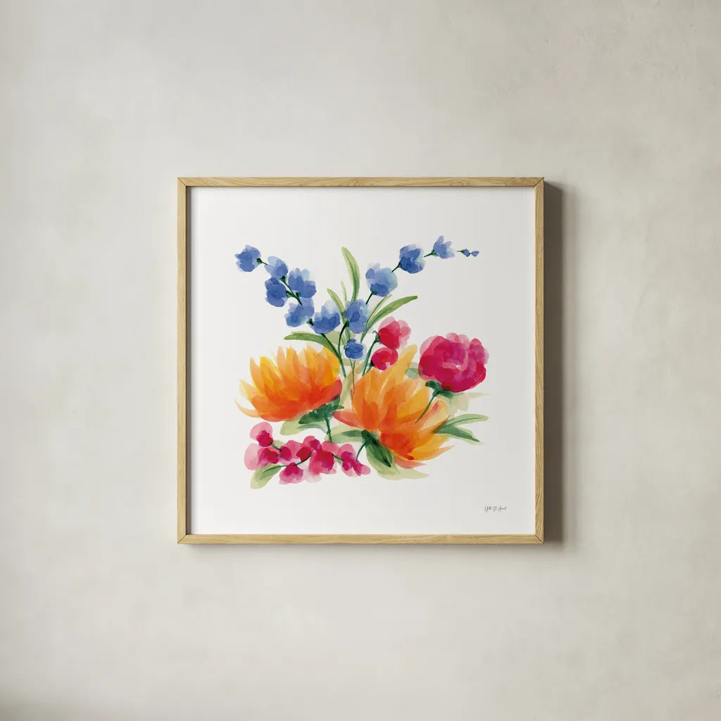 Spring is Blooming IV by Yvette St. Amant. Shown in a natural wood glass frame for a timeless modern aesthetic. Available as an archival giclee rolled canvas, fine art paper, or poster print. SKU 99129a.