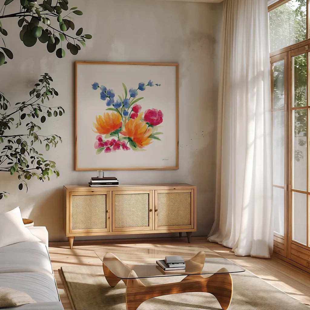 Spring is Blooming IV by Yvette St. Amant. Shown in a natural wood frame in a cozy modern living room. Available as an archival giclee rolled canvas, fine art paper, or poster print. SKU 99129a.