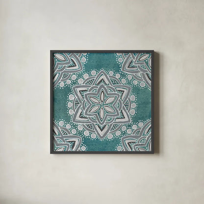 Star Mandala I by Yvette St. Amant. Shown in a sleek black glass frame for a contemporary gallery look. Available as an archival giclee rolled canvas, fine art paper, or poster print. SKU 91309a.