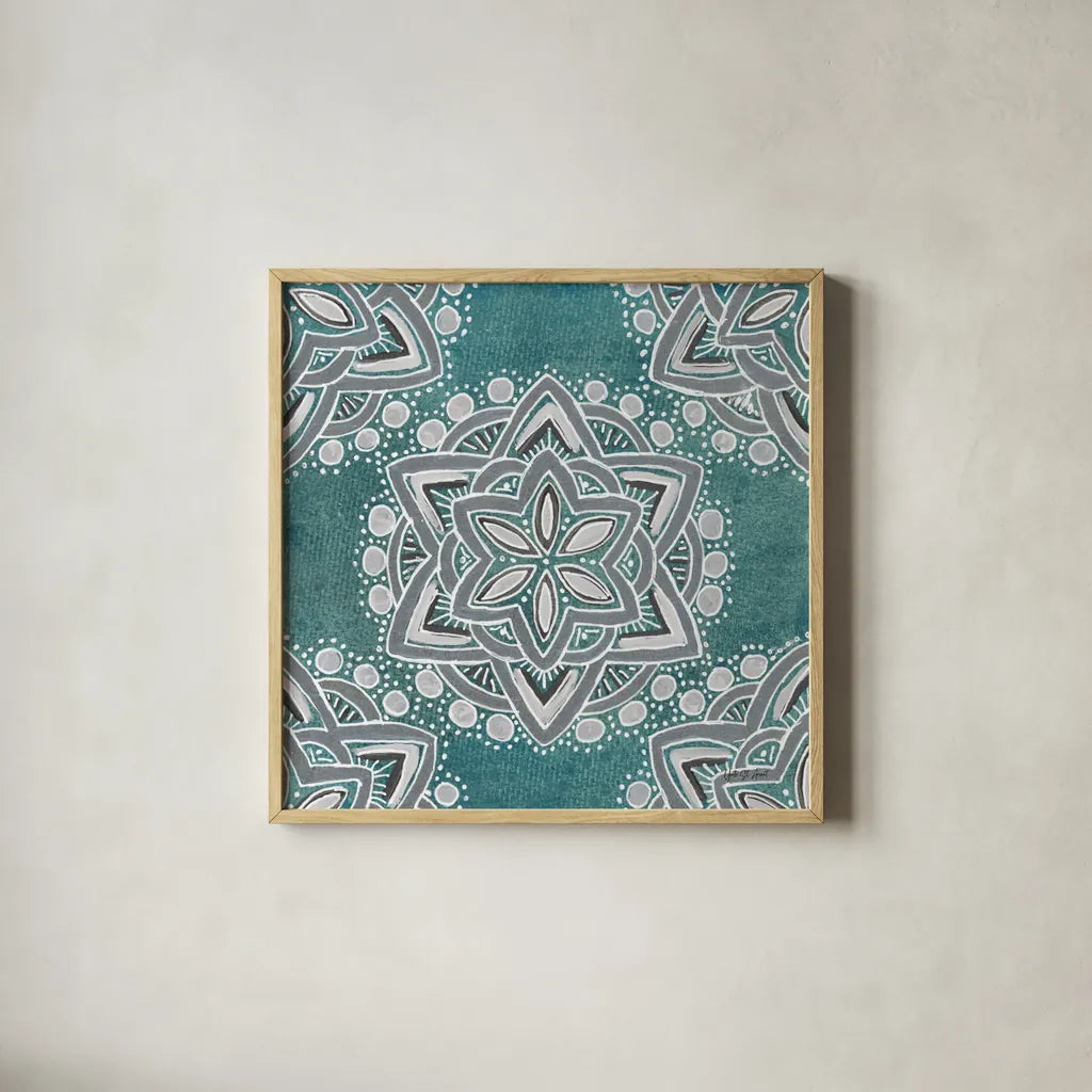 Star Mandala I by Yvette St. Amant. Shown in a natural wood glass frame for a timeless modern aesthetic. Available as an archival giclee rolled canvas, fine art paper, or poster print. SKU 91309a.